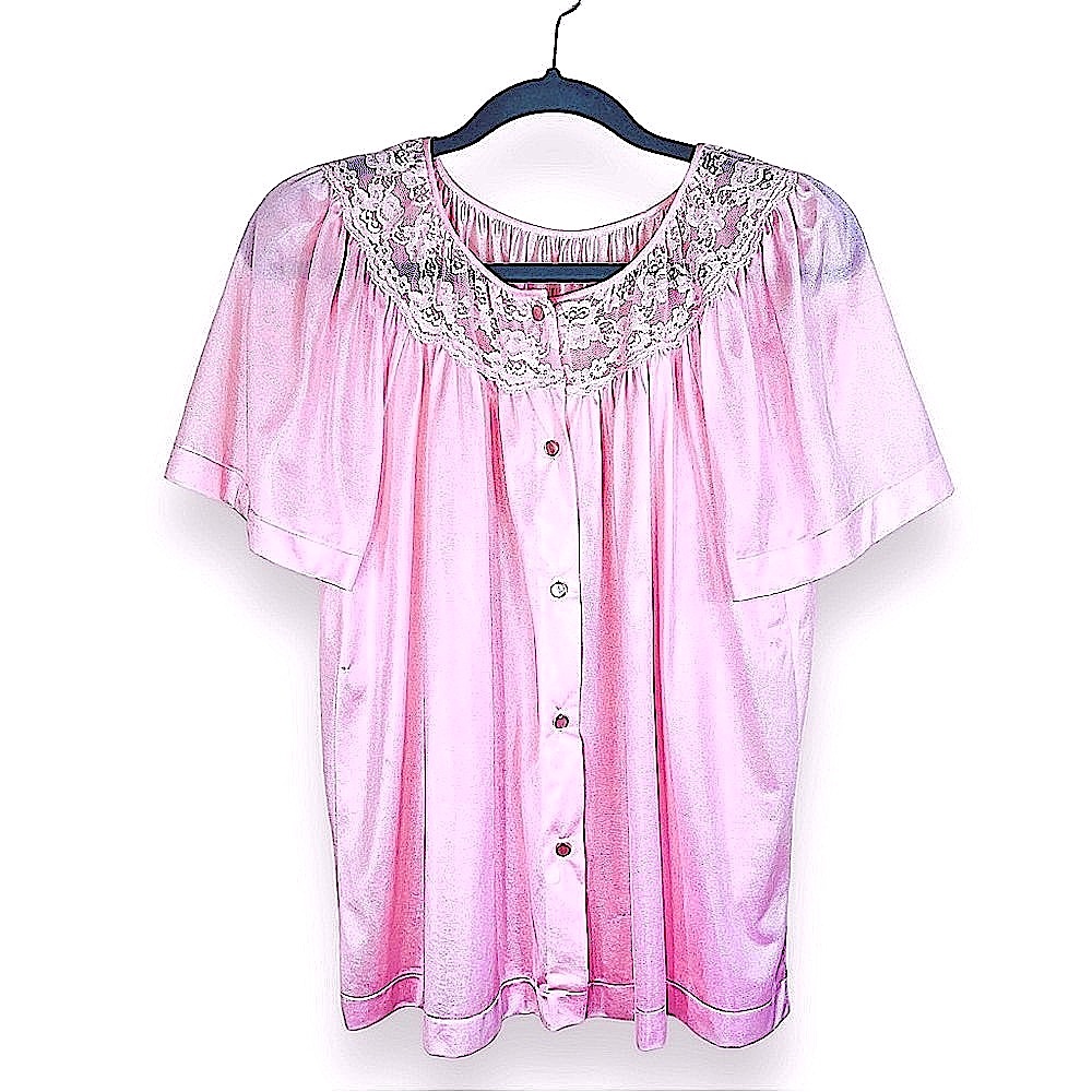Vintage 60s Pink Nylon Bed Jacket 34 M Lacy Feminine Button Front Romantic G